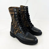 Fendi Black Canvas and Leather Rockoko Ankle Length Boots Size 36