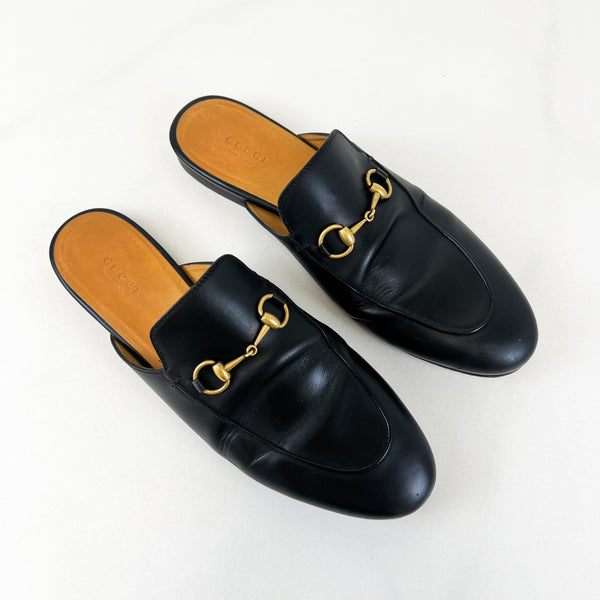 Gucci Black Leather Princetown Horsebit Slipper Size 40