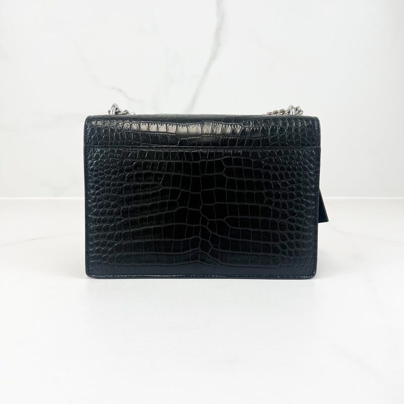 Saint Laurent Sunset Medium Black Croc Shoulder Bag