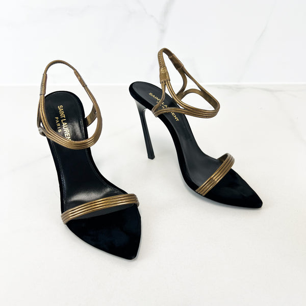 Saint Laurent Talitha Metallic Leather Sandal in Black & Gold Size 36