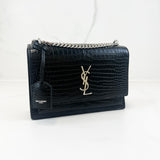 Saint Laurent Sunset Medium Black Croc Shoulder Bag