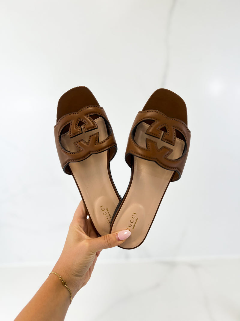 Gucci Tan Interlocking G Slides Size 37