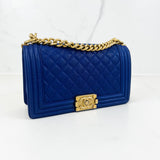 Chanel Blue Old Medium Caviar Boy Bag with Antique Gold Hardware