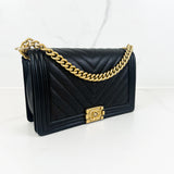 Chanel Black New Medium Caviar Chevron Boy Bag