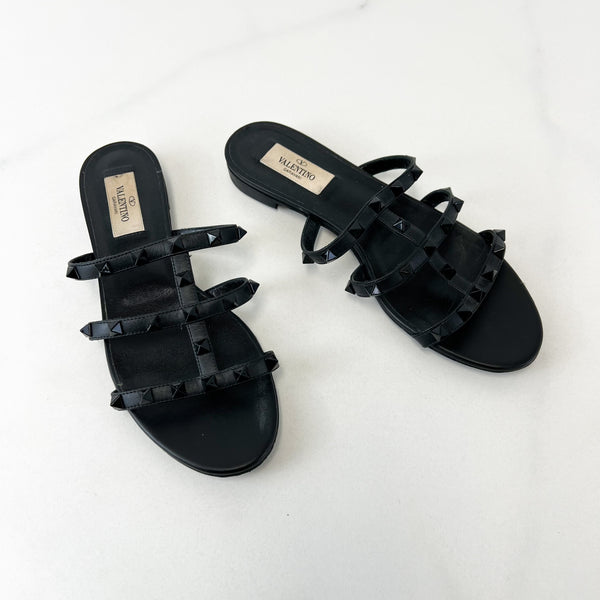 Valentino Garavani Caged Black Rockstud Slides Size 37