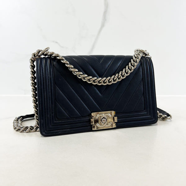 Chanel Navy Old Medium Chevron Lambskin Boy Bag with SHW