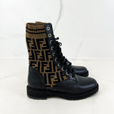 Fendi Black Canvas and Leather Rockoko Ankle Length Boots Size 36