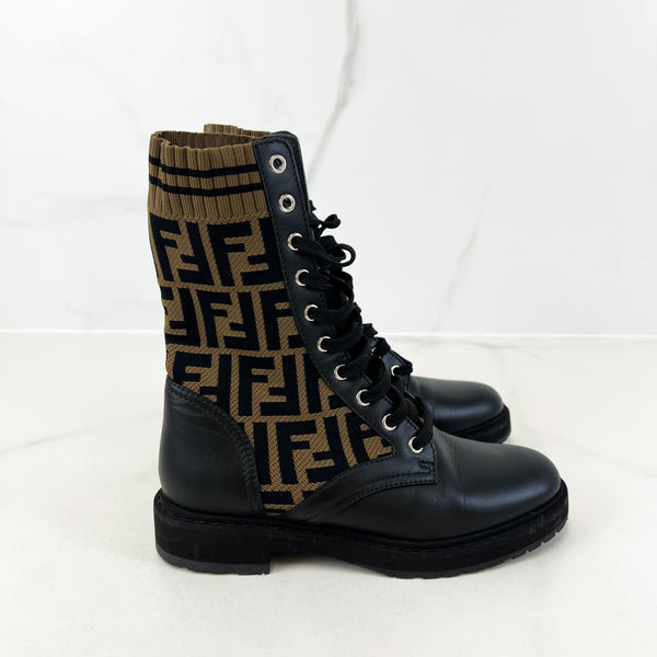 Fendi Black Canvas and Leather Rockoko Ankle Length Boots Size 36