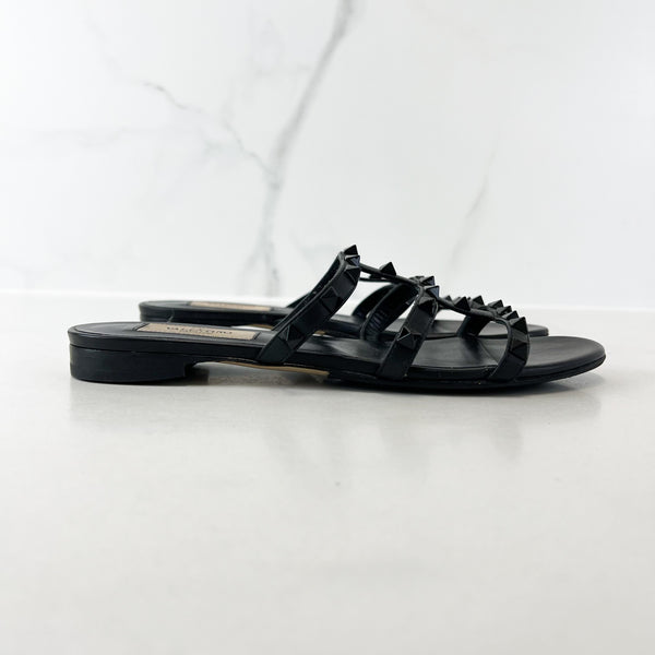 Valentino Garavani Caged Black Rockstud Slides Size 37