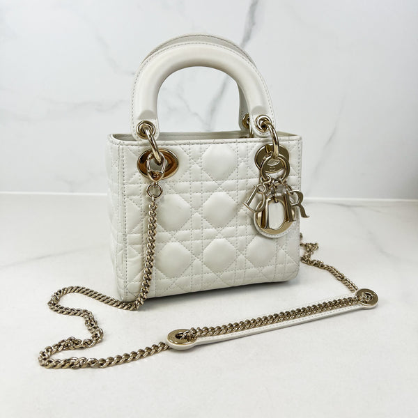 Christian Dior Mini Lady Dior Cannage in Lambskin White