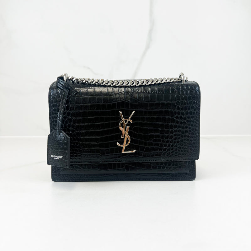 Saint Laurent Sunset Medium Black Croc Shoulder Bag