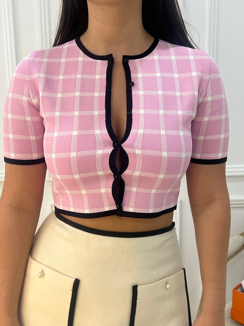 Miu Miu Pink Checkered Cropped Knit Button Up Size 38