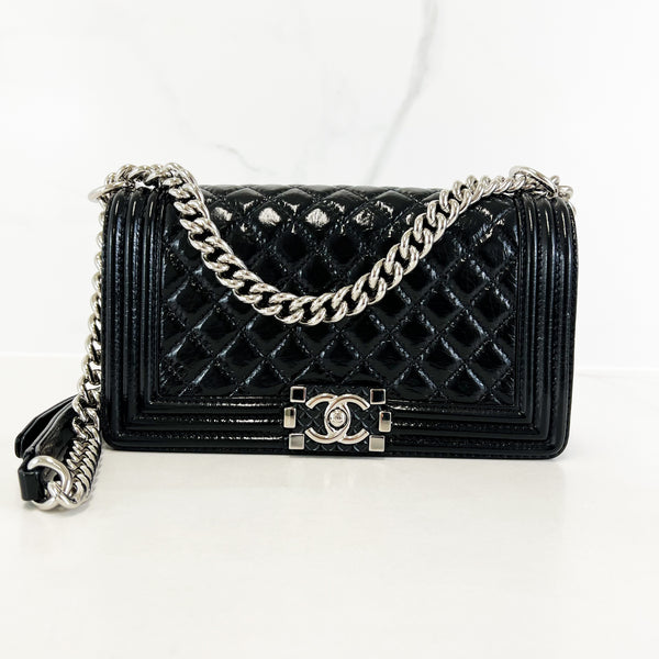 Chanel Black Old Medium Quilted Patent Boy Bag with Silver Hardware