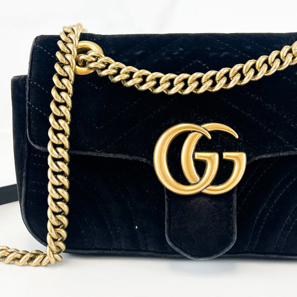 Gucci GG Marmont Matelasse Mini Black Velvet Flap Shoulder Bag