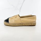 Chanel CC Logo Black & Beige Leather Espadrilles Size 38