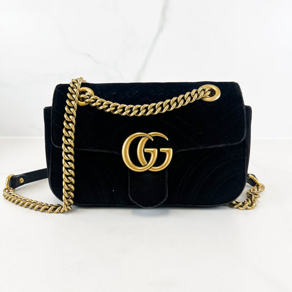 Gucci GG Marmont Matelasse Mini Black Velvet Flap Shoulder Bag