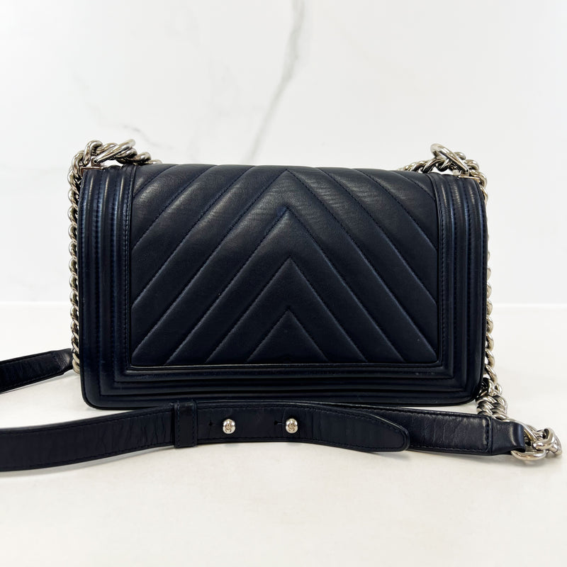 Chanel Navy Old Medium Chevron Lambskin Boy Bag with SHW