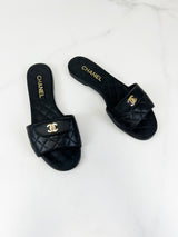 Chanel Black Quilted Leather Slides Size 39