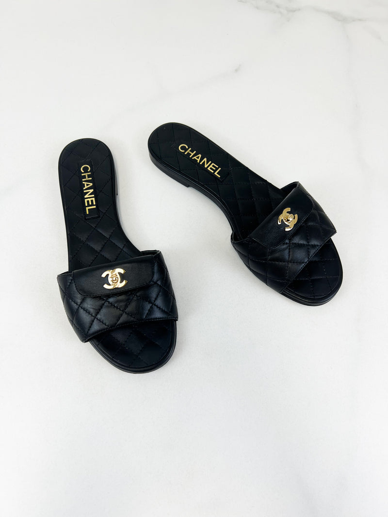 Chanel Black Quilted Leather Slides Size 39