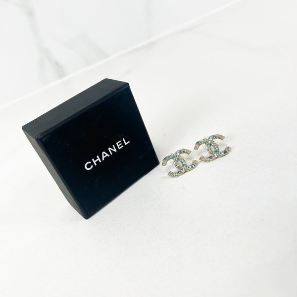 Chanel CC Blue & Silver Crystal Stud Earrings