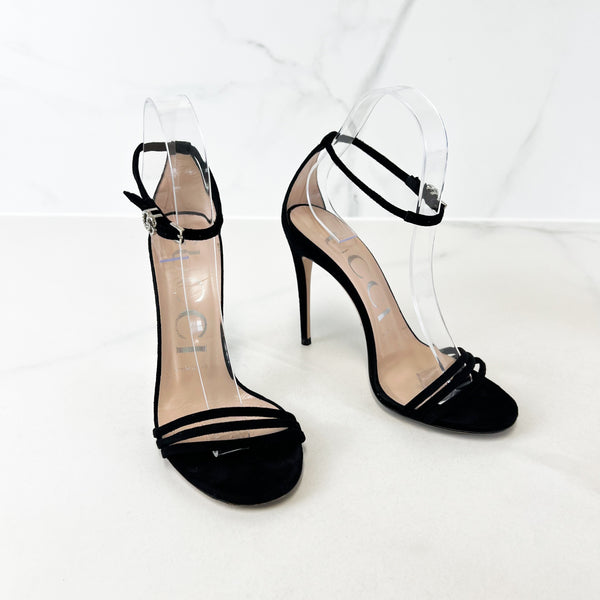 Gucci Black llse Suede Strap Peony Sandals Size 36