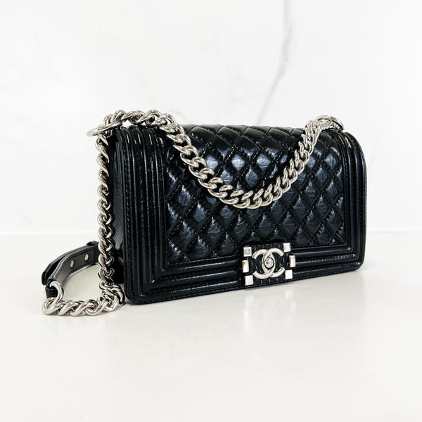 Chanel Black Old Medium Quilted Patent Boy Bag with Silver Hardware