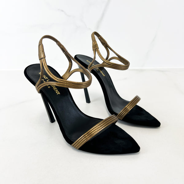 Saint Laurent Talitha Metallic Leather Sandal in Black & Gold Size 36