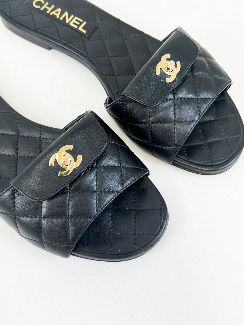 Chanel Black Quilted Leather Slides Size 39