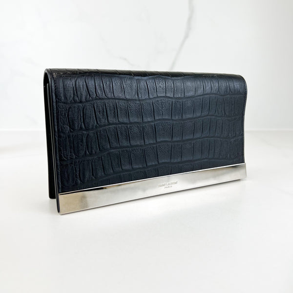 Saint Laurent Black Croc Effect Clutch with SHW