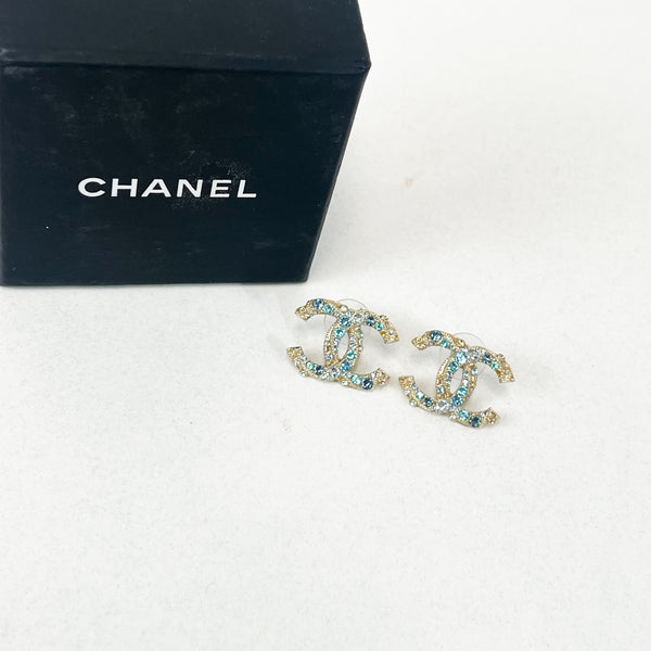 Chanel CC Blue & Silver Crystal Stud Earrings