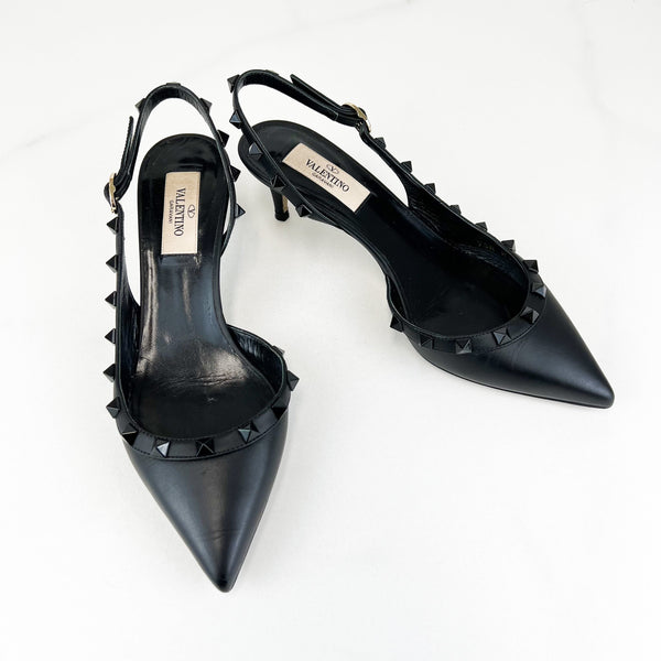 Valentino Kitten Heel Rockstud Black Leather Slingback Size 36