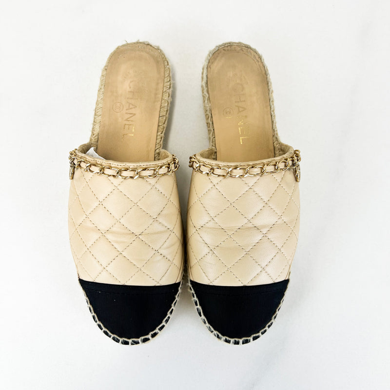 Chanel Nude Gold Chain Quilted Mules Size 38